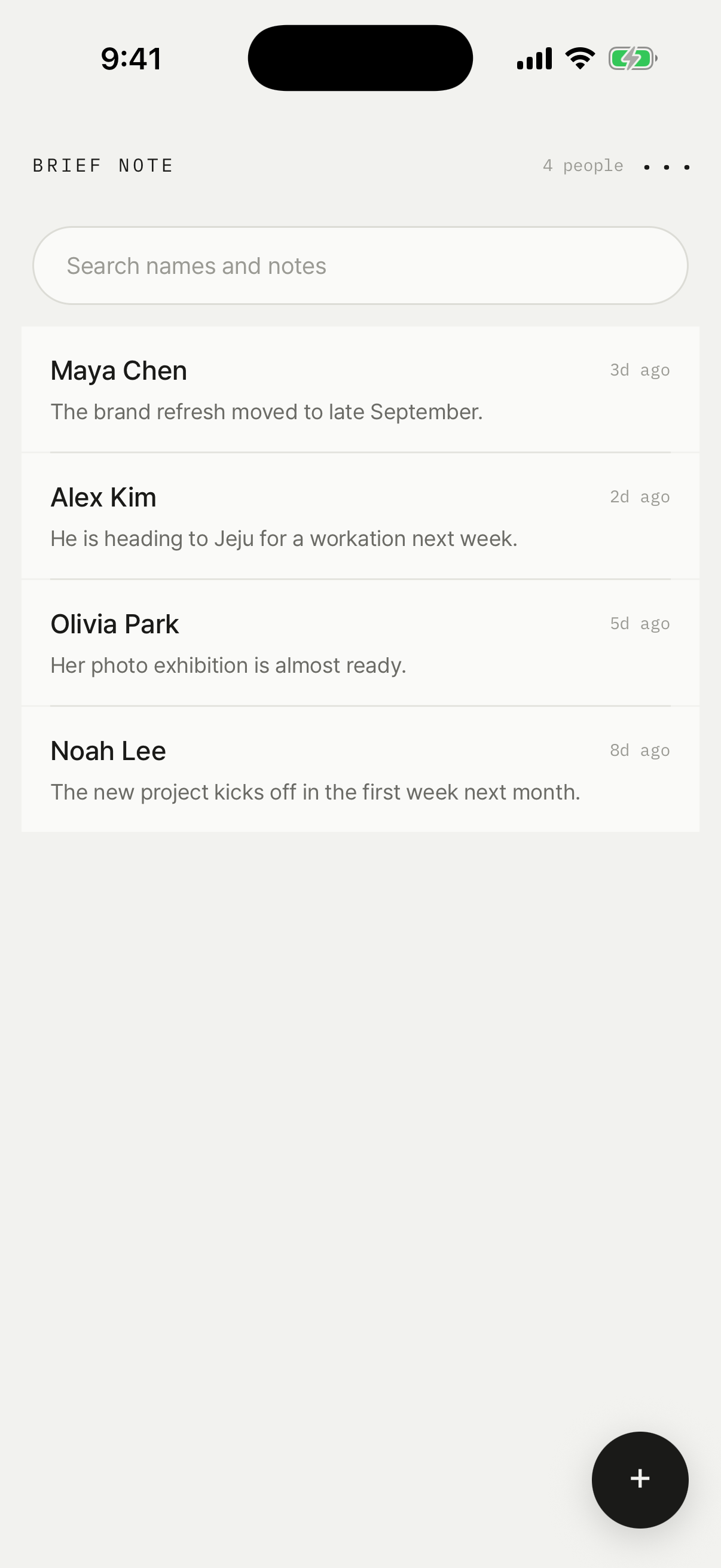 Brief Note home screen showing recent notes by person