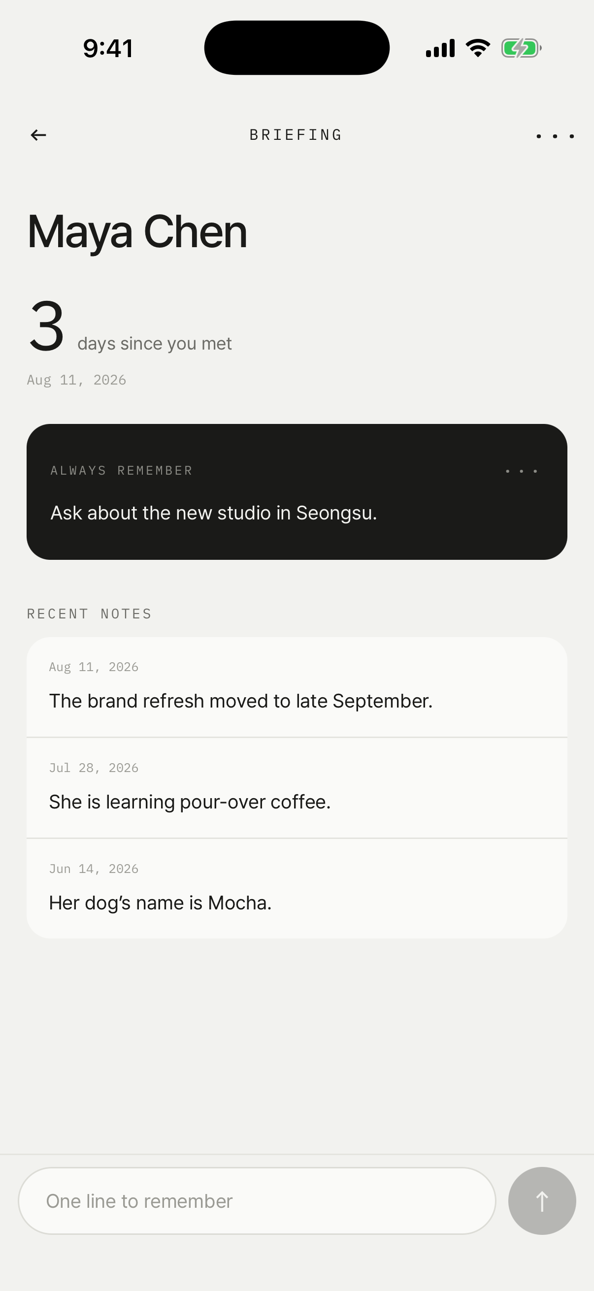 A personal briefing with context from previous meetings
